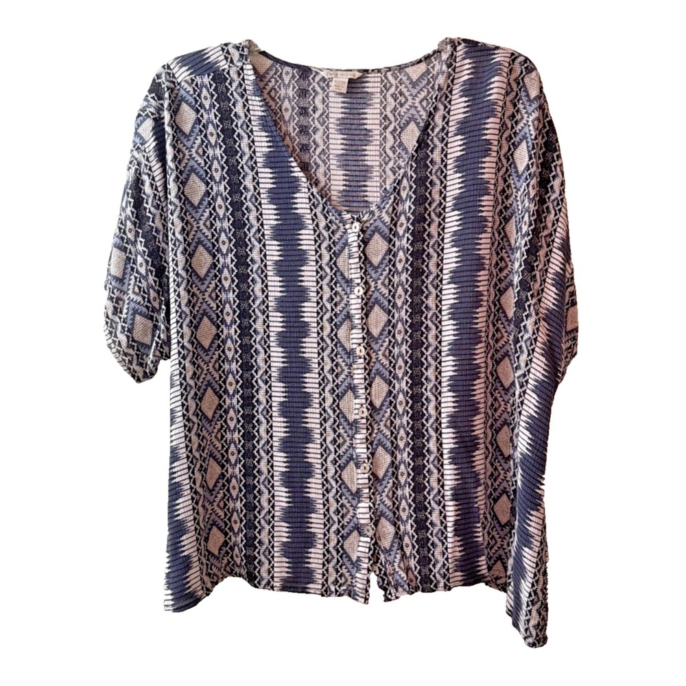 Cato Blue White Tribal Print Button Front V-Neck Blouse Top Plus Size 18/20W